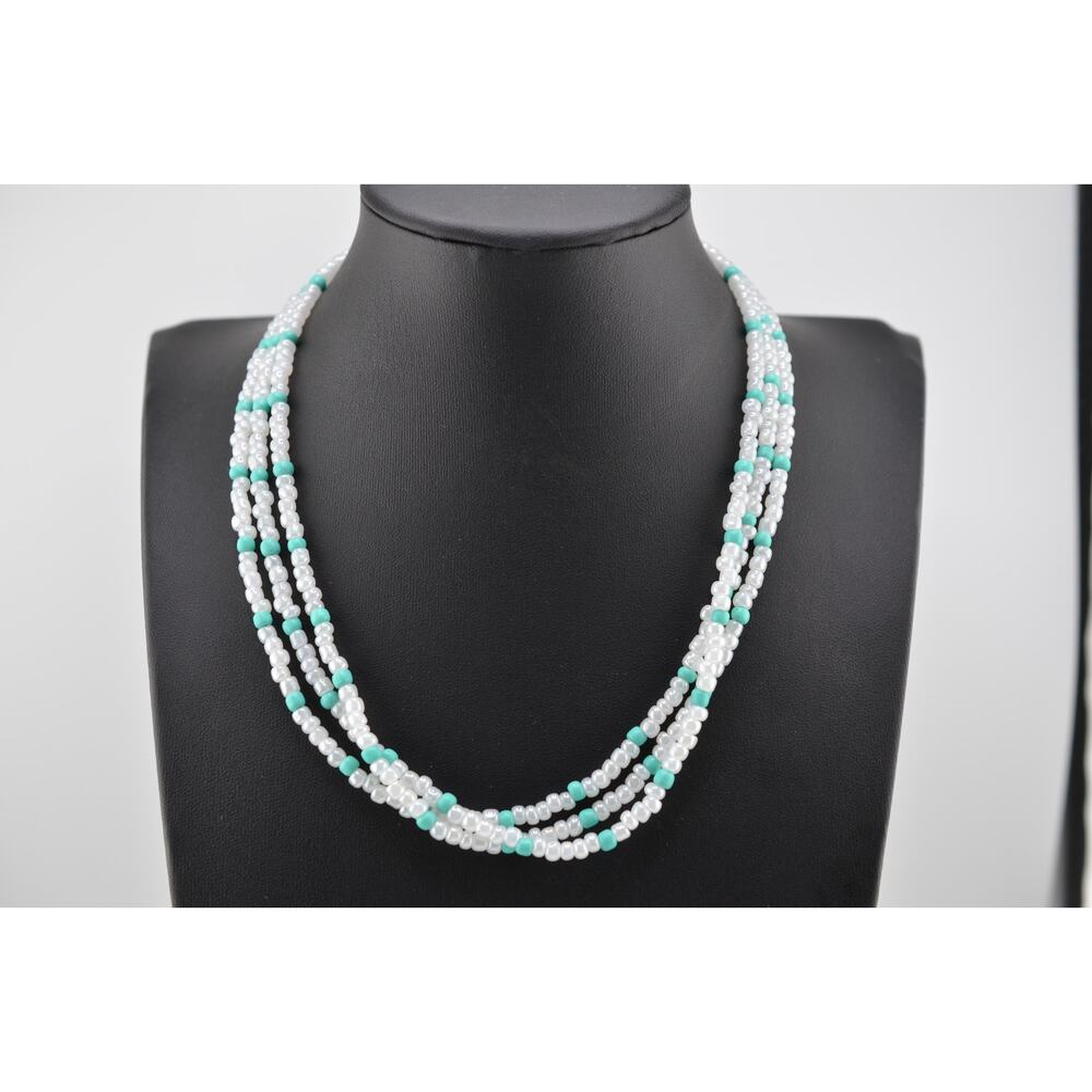 Navajo Mary W Roanhorse Handmade Turquoise and MOP Triple Strand Necklace